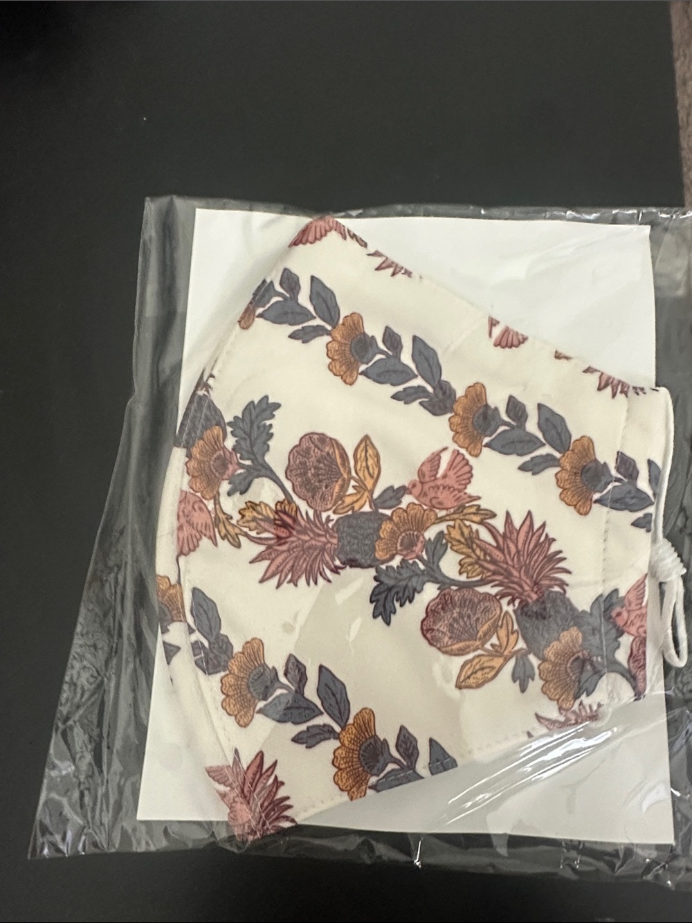 Tory Burch White Floral Face Mask with Pink, Gold, and Gray Accents